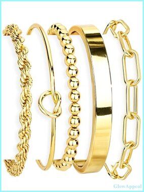 14K Gold Plated Sterling Silver Cuff Bracelet Stack Set Woven Rope Paperclip